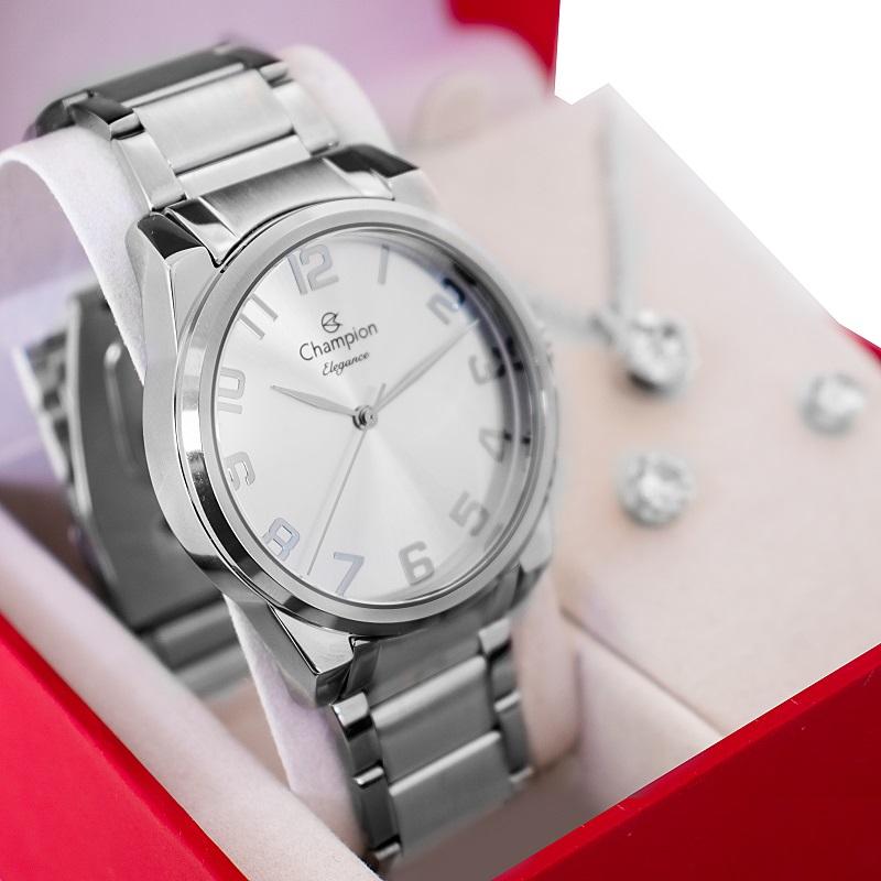 Relógio Feminino Champion Analógico Prata CN27652Q Kit Colar e Brincos - 1