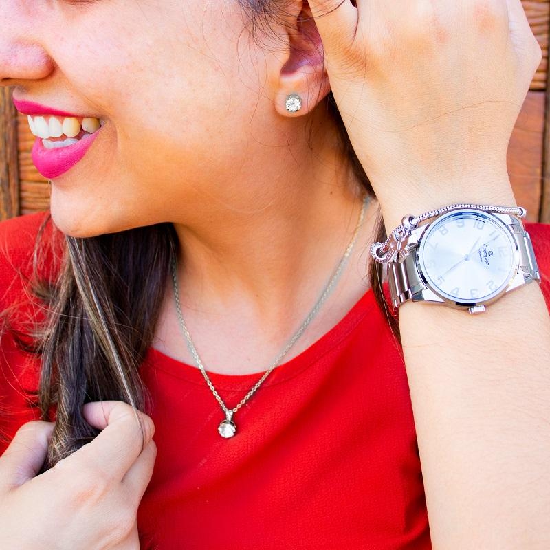 Relógio Feminino Champion Analógico Prata CN27652Q Kit Colar e Brincos - 2