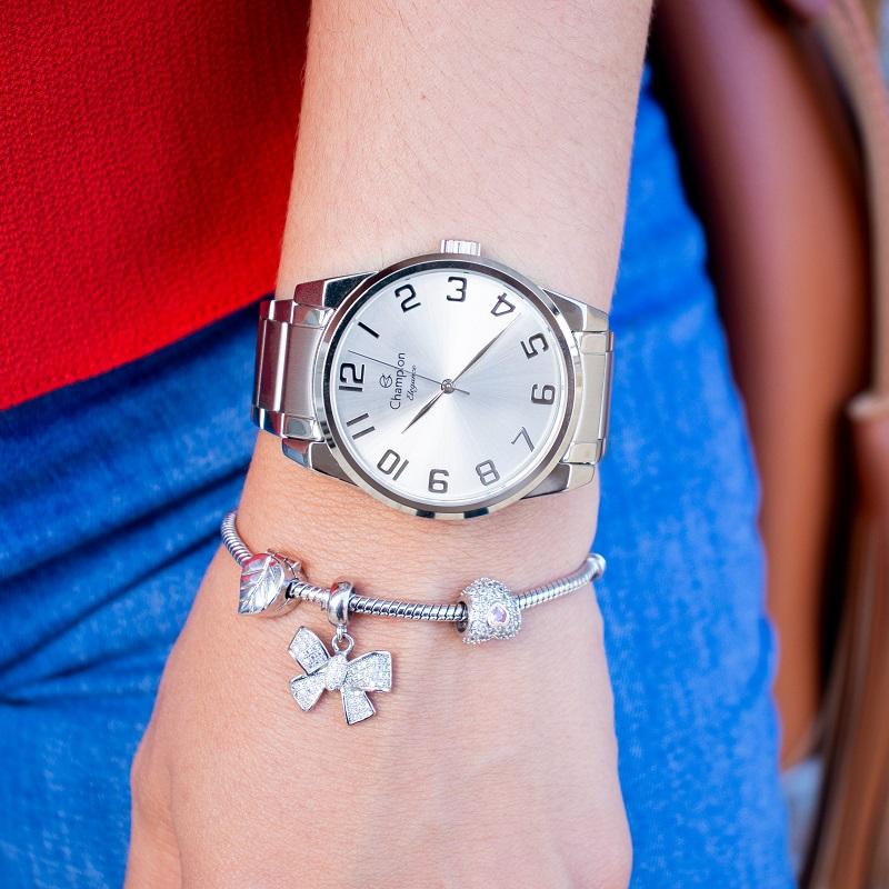 Relógio Feminino Champion Analógico Prata CN27652Q Kit Colar e Brincos - 4