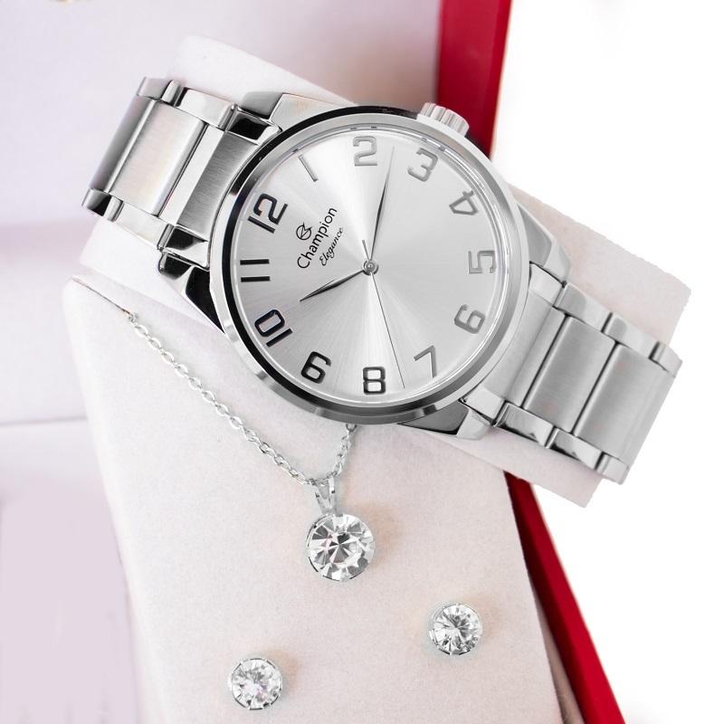 Relógio Feminino Champion Analógico Prata CN27652Q Kit Colar e Brincos - 6
