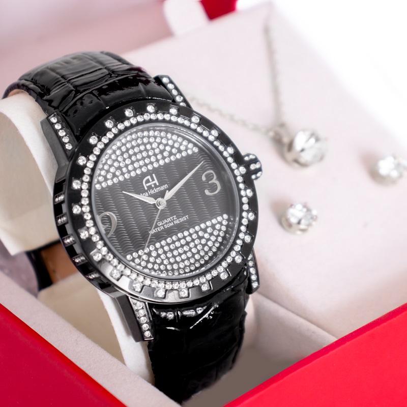 Kit Relógio Feminino Champion Ana Hickmann Preto Couro Analógico AH28400T Cristais - 1