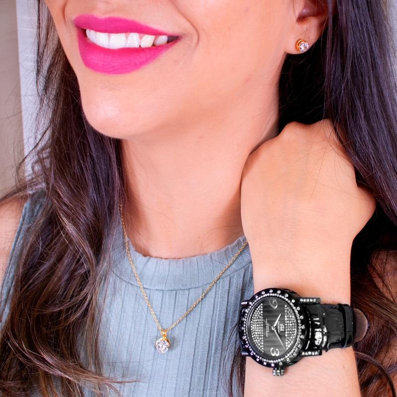 Kit Relógio Feminino Champion Ana Hickmann Preto Couro Analógico AH28400T Cristais - 4