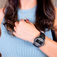 Kit Relógio Feminino Champion Ana Hickmann Preto Couro Analógico AH28400T Cristais - 3