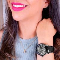 Kit Relógio Feminino Champion Ana Hickmann Preto Couro Analógico AH28400T Cristais