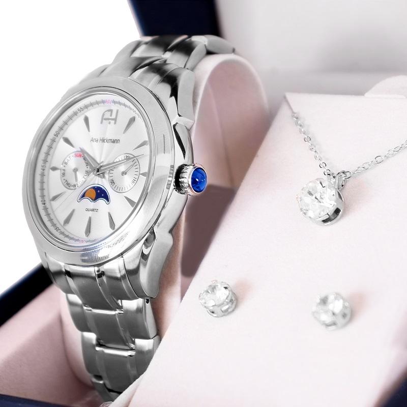 Relógio Feminino Champion Ana Hickmann Prata AH30200Q Fase Lunar Colar e Brincos - 4