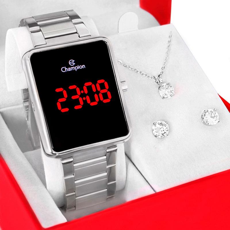 Kit Relógio Feminino Champion Digital Prata Colar e Brincos CH40086T - 1