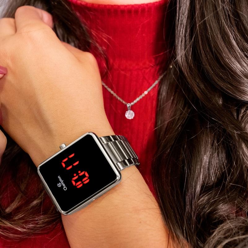 Kit Relógio Feminino Champion Digital Prata Colar e Brincos CH40086T - 3