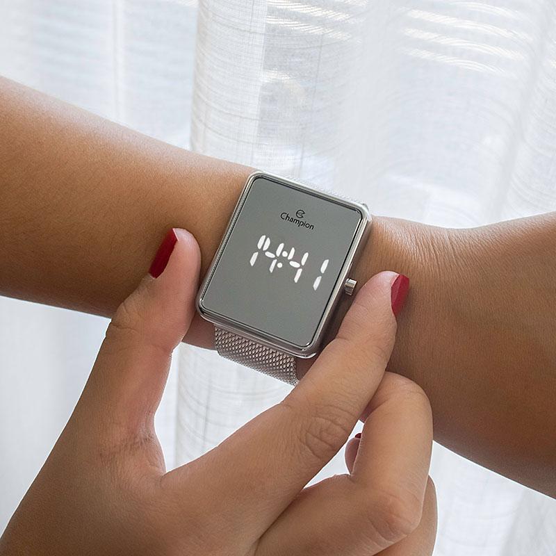 Relógio Feminino Champion Digital Espelhado Prata  CH40080S Colar e Brincos - 6