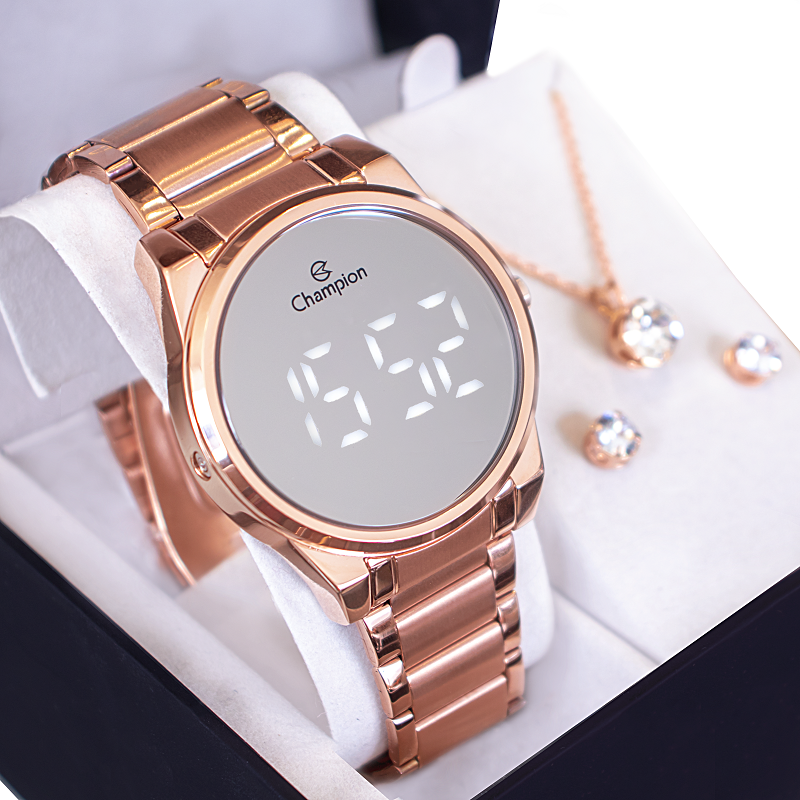 Relógio Feminino Champion Digital Espelhado Rosê CH40124M Colar e Brincos - 1