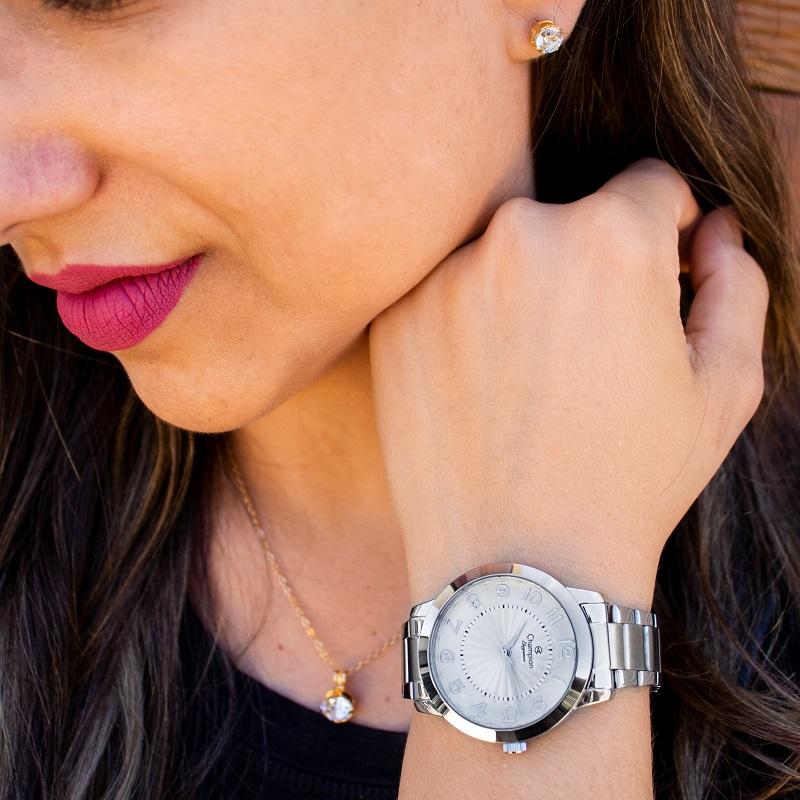 Relógio Feminino Champion Prata Analógico CN25118Q Kit Colar e Brincos - 2