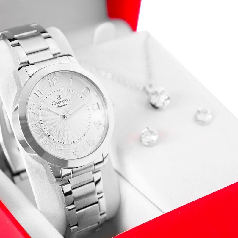 Relógio Feminino Champion Prata Analógico CN25118Q Kit Colar e Brincos - 5
