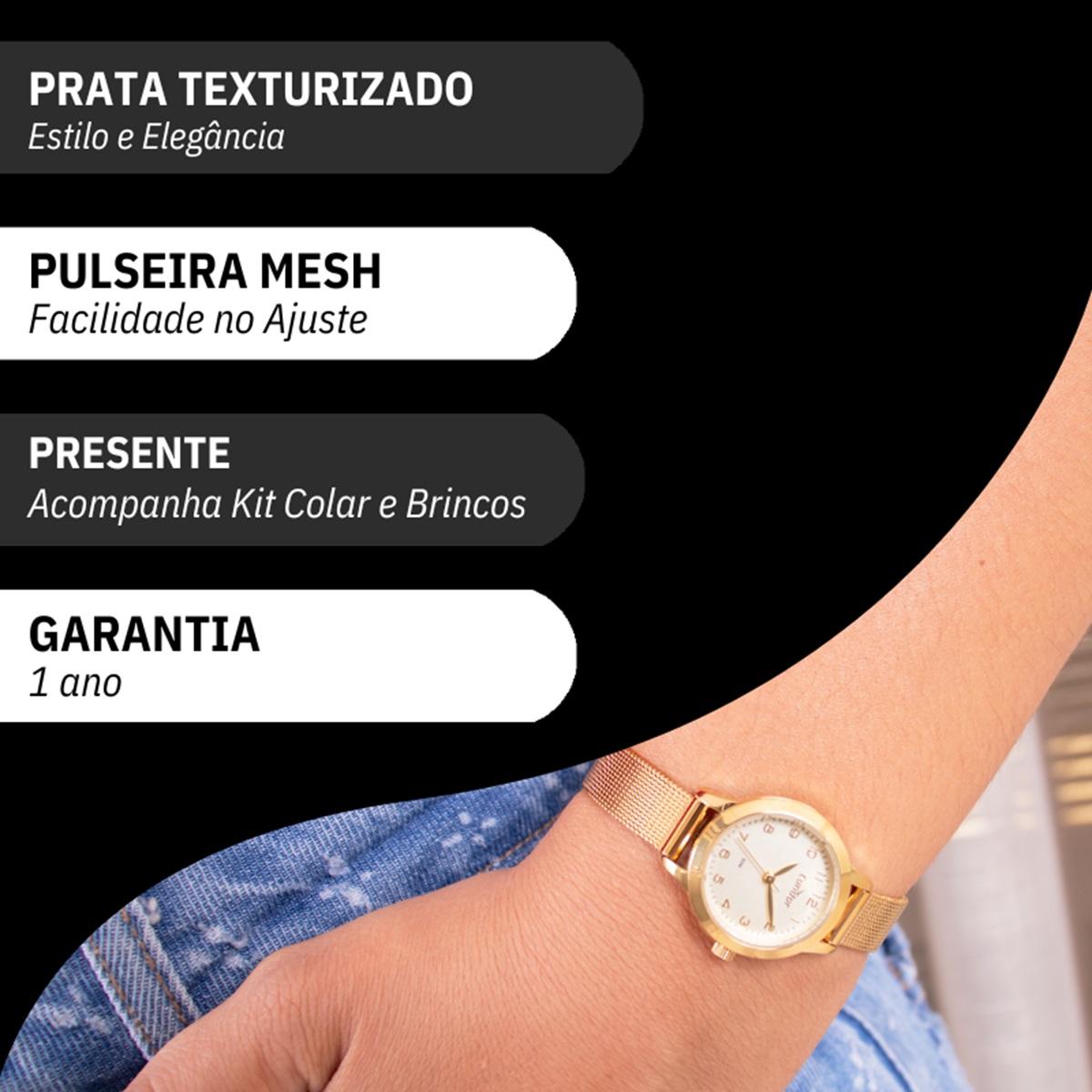Relógio de Pulso Feminino Condor Dourado CO2035MZS/K4X Colar e Brincos - 4