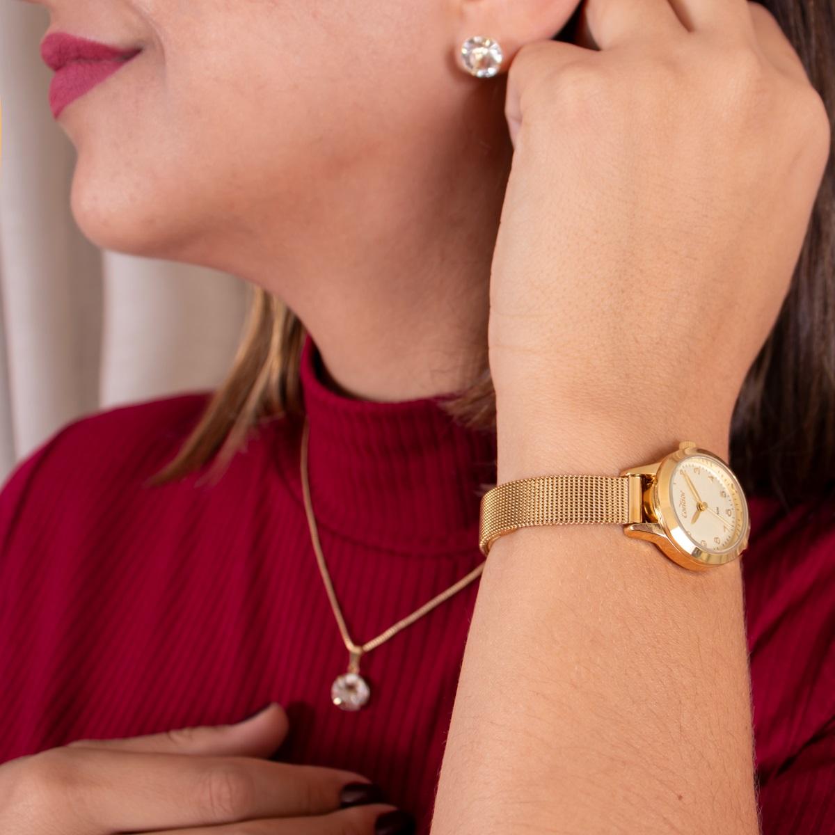 Relógio de Pulso Feminino Condor Dourado CO2035MZS/K4X Colar e Brincos - 5
