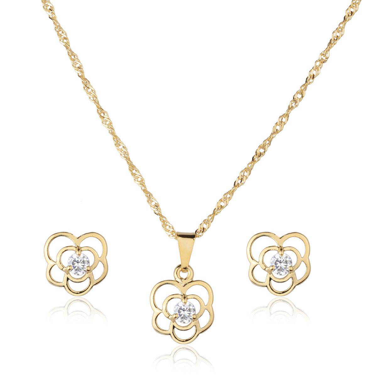 Kit Conjunto de Semijoia Flor Vazada Com Zircônia Banhado a Ouro 18K - 1