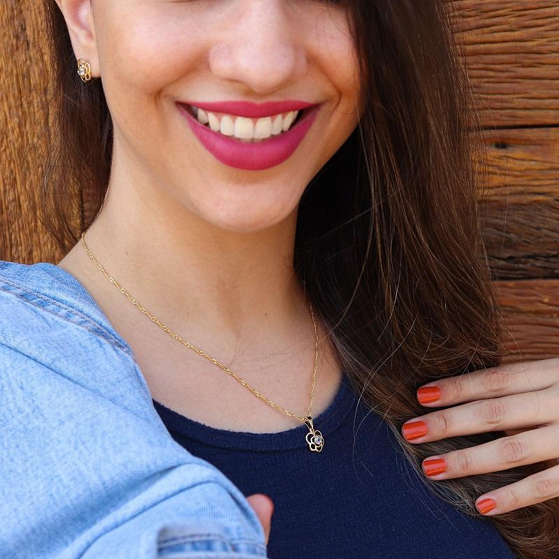 Kit Conjunto de Semijoia Flor Vazada Com Zircônia Banhado a Ouro 18K - 2