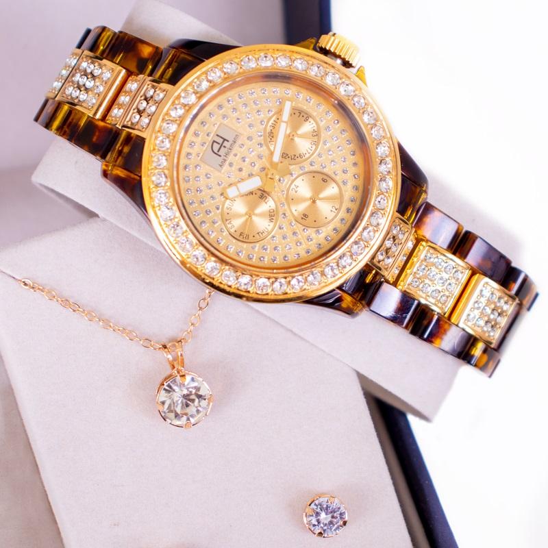 Kit Relógio Feminino Champion Ana Hickmann Dourado Marrom MultiFunção AH30102G Cristais - 5