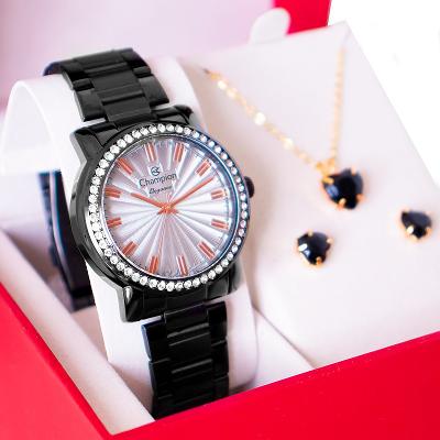 Relógio Feminino Champion Analógico Preto CN27250D Kit Colar e Brincos