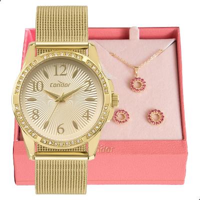 Relógio de Pulso Feminino Condor Dourado CO2036MWG/K4D Colar e Brincos