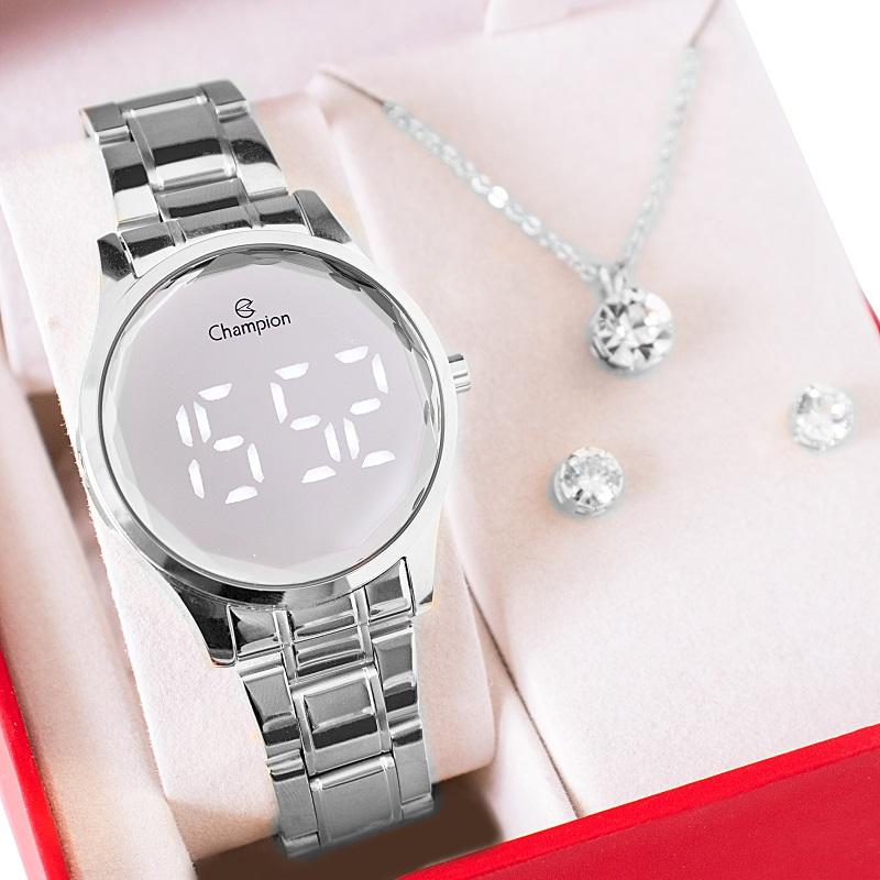 Relógio Feminino Champion Prata Espelhado Digital CH48019S Kit Colar e Brincos - 1