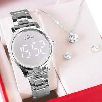 Relógio Feminino Champion Prata Espelhado Digital CH48019S Kit Colar e Brincos - 1