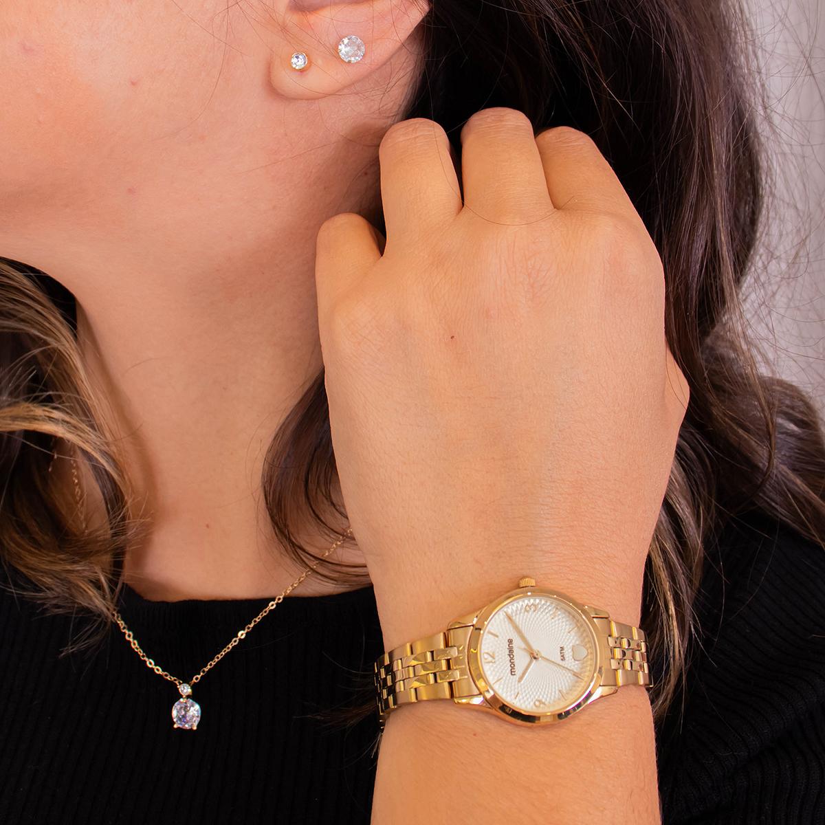 Relógio de Pulso Feminino Mondaine Dourado 32795LPMKDE1K1 Colar e Brincos - 6