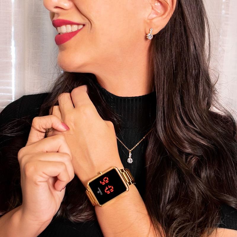 Relógio Feminino Champion Digital Dourado CH40086V Colar e Brincos - 4