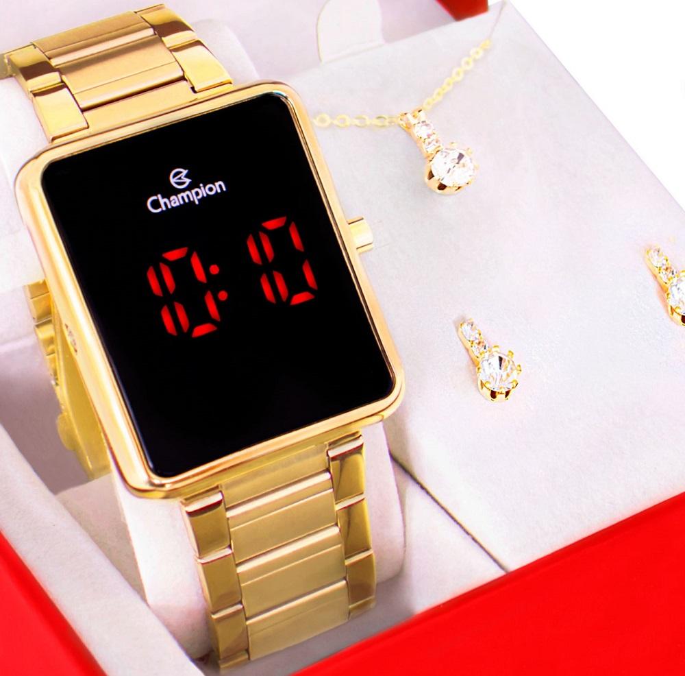 Relógio Feminino Champion Digital Dourado CH40086V Colar e Brincos - 8