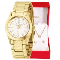 Relógio de Pulso Feminino Champion Dourado Mini CF24000W + Colar e Brincos - 1