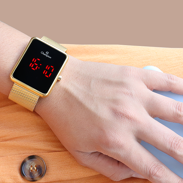 Relógio Feminino Champion Digital Quadrado Dourado CH40080V + Colar e Brincos - 3