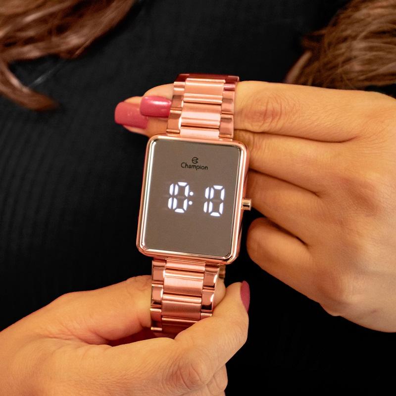 Kit Relógio Champion Feminino Digital Rose Espelhado Colar Brincos CH40086Z - 3