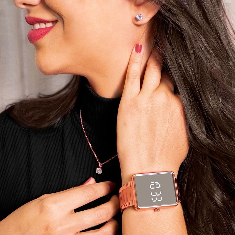 Kit Relógio Champion Feminino Digital Rose Espelhado Colar Brincos CH40086Z - 4