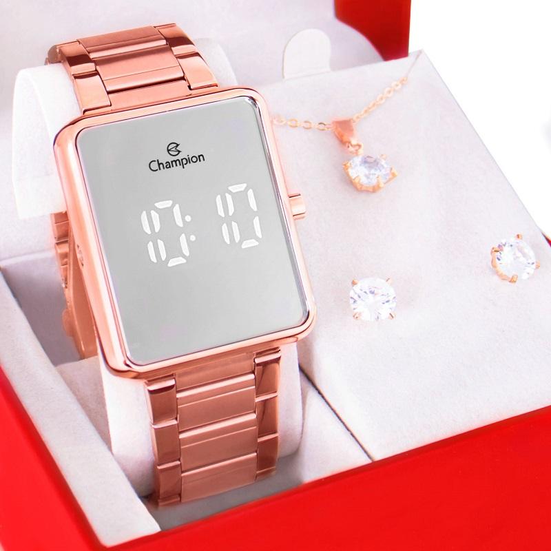 Kit Relógio Champion Feminino Digital Rose Espelhado Colar Brincos CH40086Z - 8