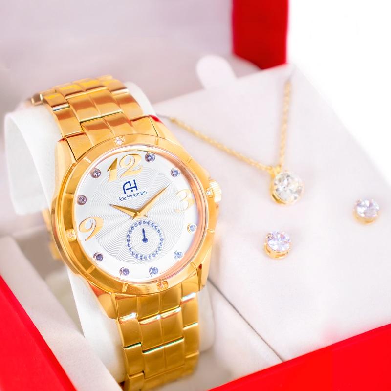 Kit Relógio Feminino Champion Ana Hickmann Analógico Dourado AH28599H - 1