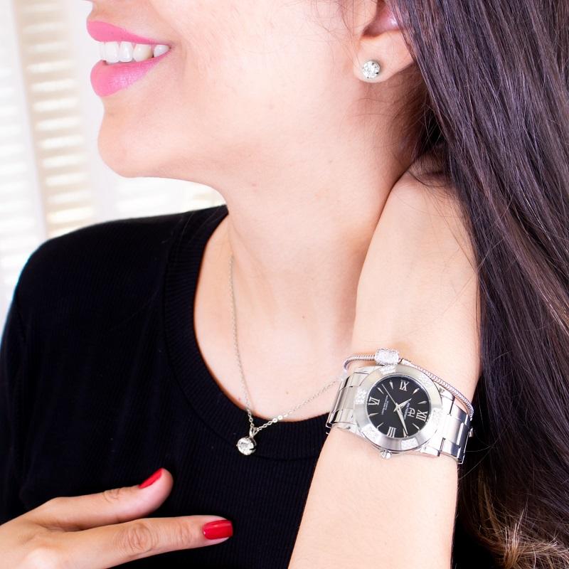 Kit Relógio Feminino Champion Ana Hickmann Analógico Prata AH28740T Cristais - 2