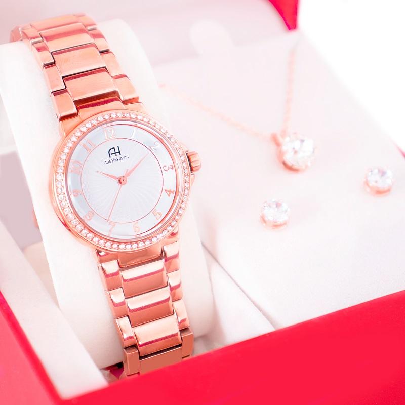 Kit Relógio Feminino Champion Ana Hickmann Rosê Analógico AH28633Z Cristais - 1
