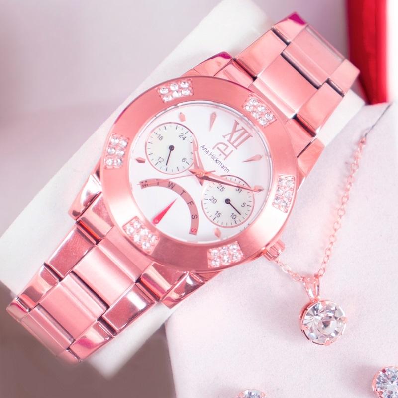 Kit Relógio Feminino Champion Ana Hickmann Rosé Analógico Prova D'Água AH30282Z Cristais - 6