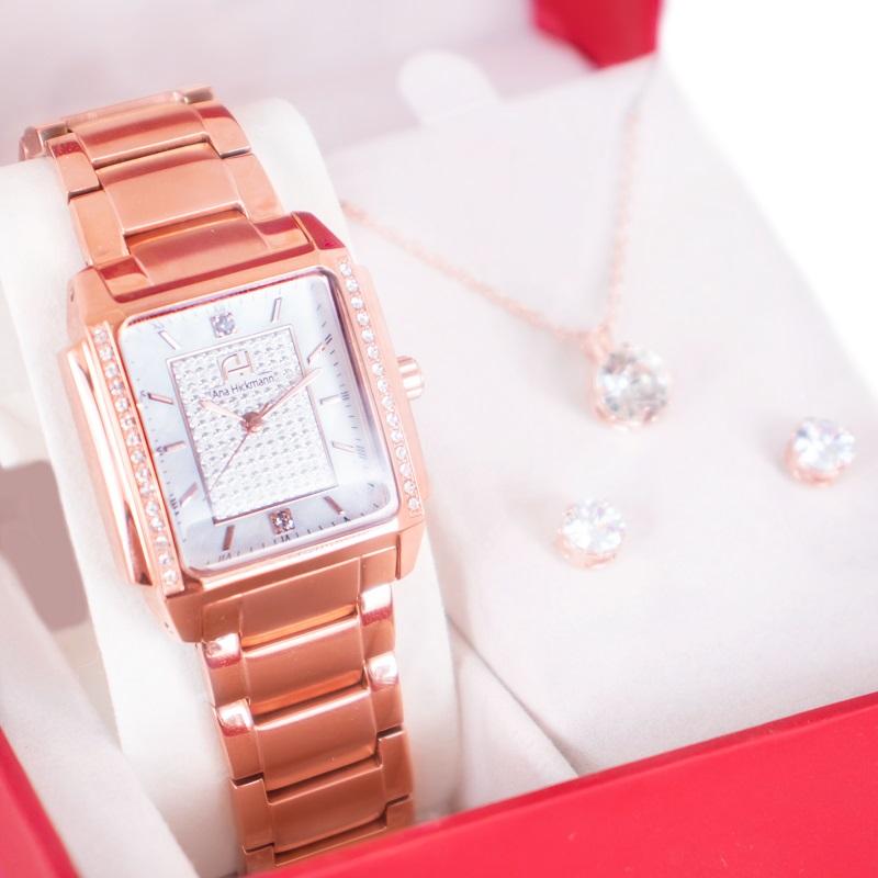 Kit Relógio Feminino Champion Ana Hickmann Rosé Quadrado AH28482Z Cristais - 1