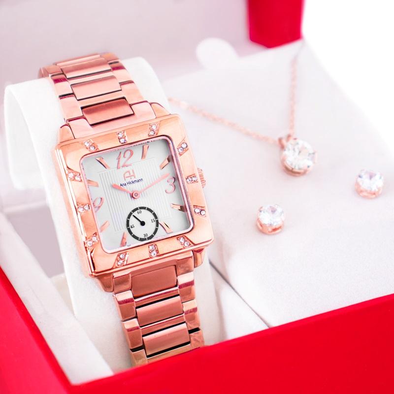 Kit Relógio Feminino Champion Ana Hickmann Rosé Quadrado AH28517Z Colar e Brincos - 1