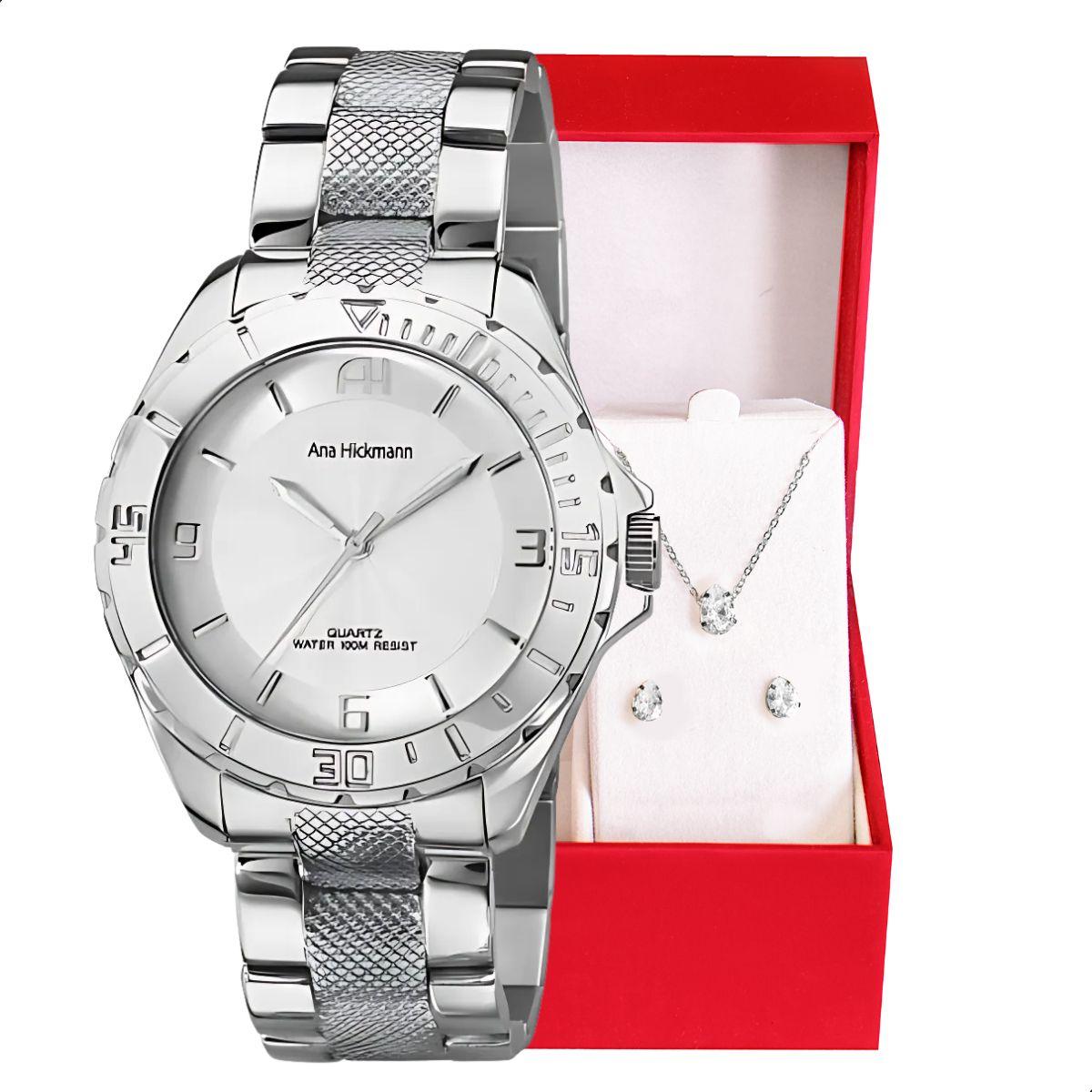 Relógio Champion Ana Hickmann Analógico Aço Prata Prova D'Água AH20024Q Kit Colar e Brincos - 1
