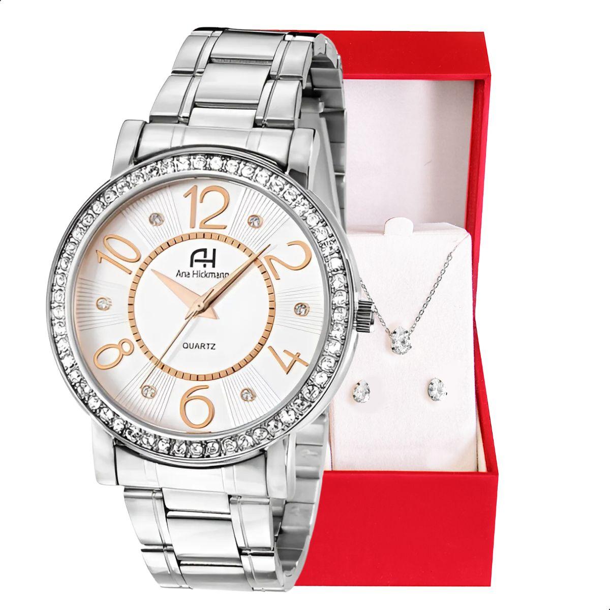Relógio Champion Ana Hickmann Analógico Aço Prata Prova D'Água AH28900Q Kit Colar e Brincos - 1