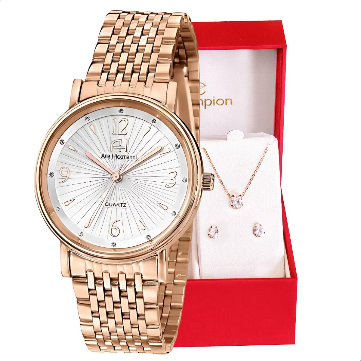 Relógio Champion Ana Hickmann Analógico Aço Rosé AH28893Z Kit Colar e Brincos - 1