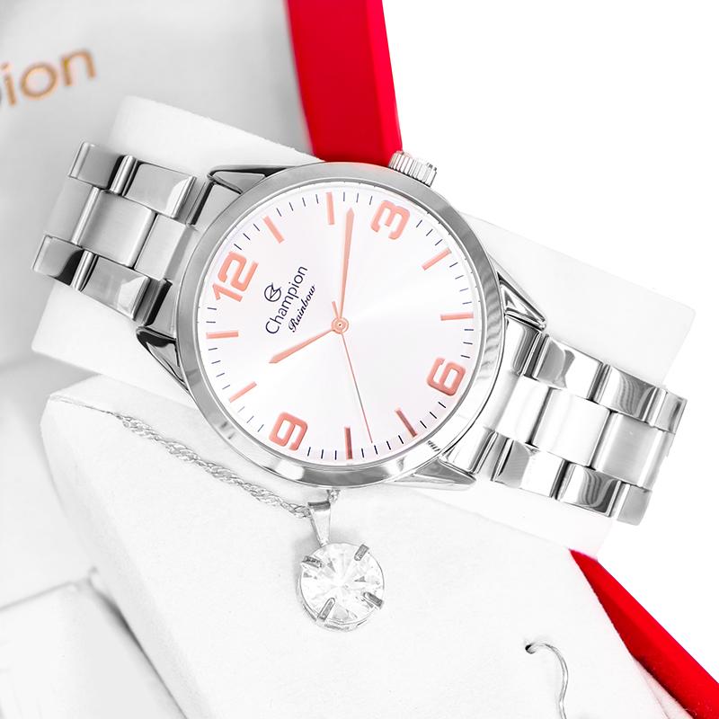 Relógio Champion Feminino Prata Prova D´Agua + Kit de Brincos e Colar Garantia De Um Ano CN29893Q - 7