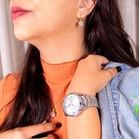 Relógio Champion Feminino Prata Prova D´Agua + Kit de Brincos e Colar Garantia De Um Ano CN29893Q