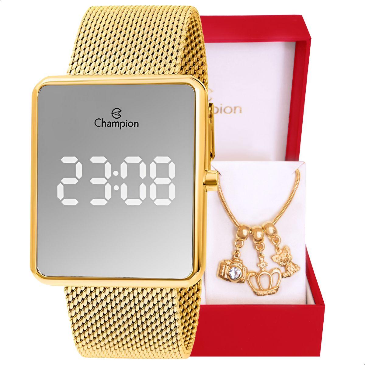 Relógio Feminino Champion Digital Espelhado Dourado CH40083B + Pulseira Berloques - 1