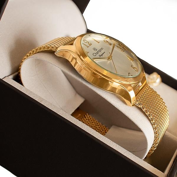 Relógio Feminino Champion Analógico Dourado Pulseira Mesh CN26019B Colar e Brincos - 4