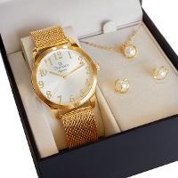 Relógio Feminino Champion Analógico Dourado Pulseira Mesh CN26019B Colar e Brincos - 1