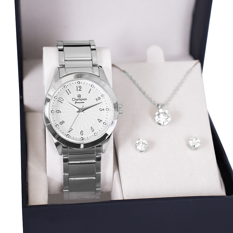 Relógio Feminino Champion Analógico Prata CN29409Q Colar e Brincos - 7