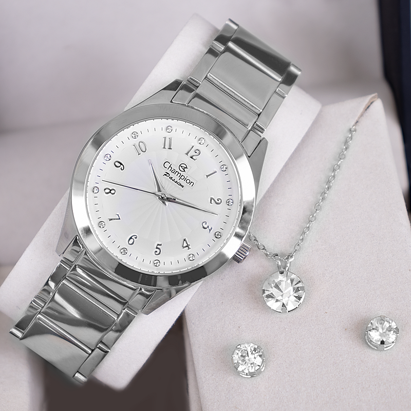 Relógio Feminino Champion Analógico Prata CN29409Q Colar e Brincos - 8