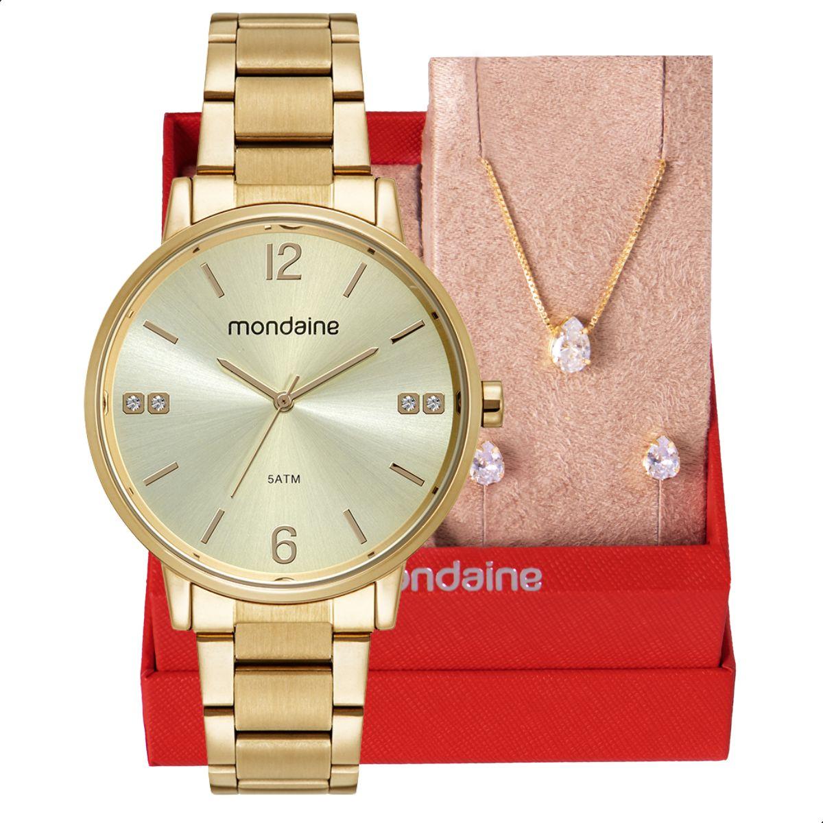 Relógio Feminino Mondaine Dourado 32600LPMKDE1K1 + Colar e Brincos - 1