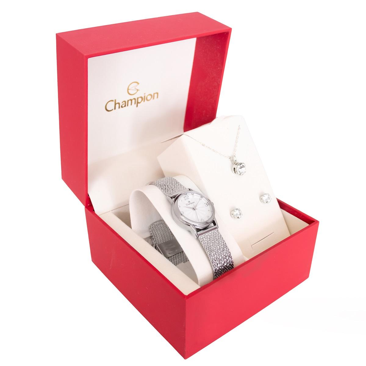 Relógio Feminino Champion Texturizado Mini Prata CF24091Q + Colar e Brincos - 9